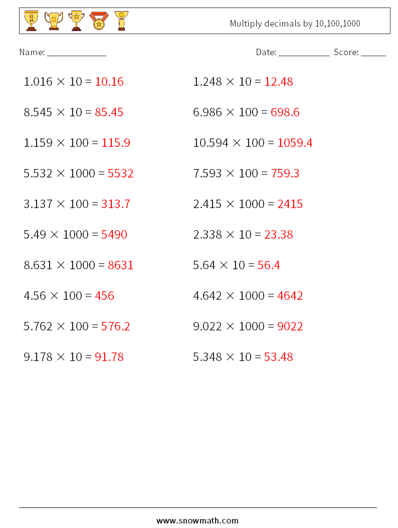 Multiply decimals by 10,100,1000 Math Worksheets 7 Question, Answer