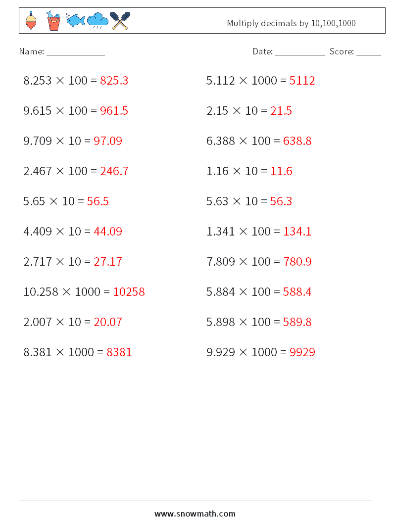 Multiply decimals by 10,100,1000 Math Worksheets 9 Question, Answer