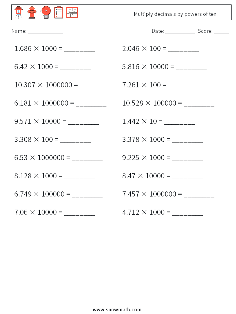 Multiply decimals by powers of ten Math Worksheets 1