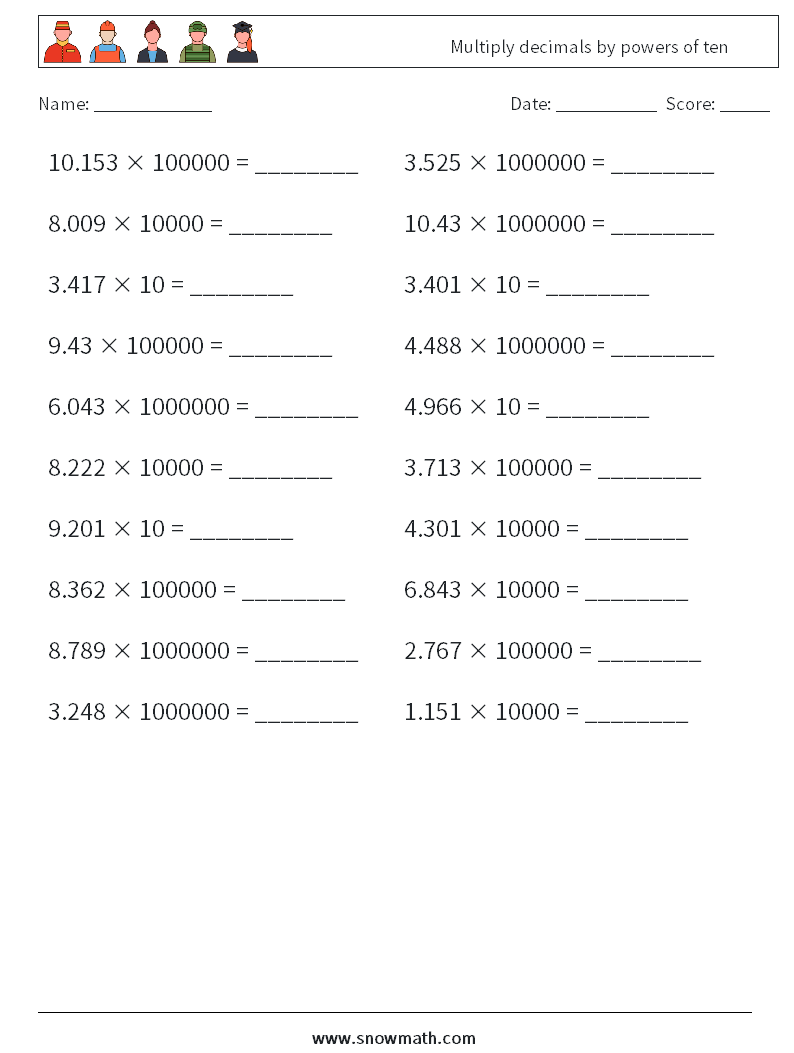 Multiply decimals by powers of ten Math Worksheets 10