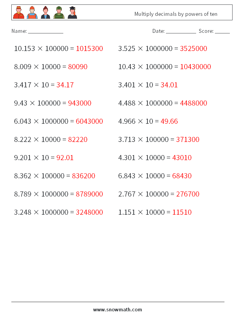 Multiply decimals by powers of ten Math Worksheets 10 Question, Answer