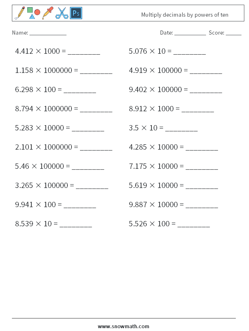 Multiply decimals by powers of ten Math Worksheets 11