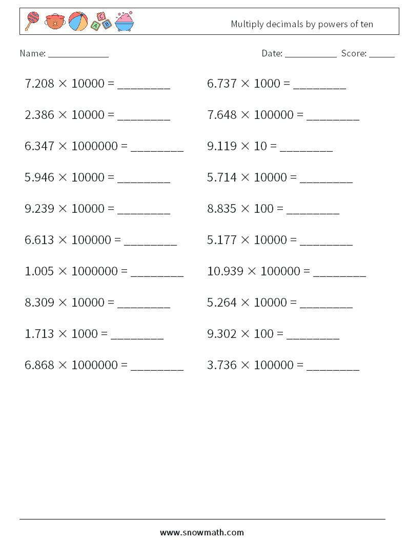 Multiply decimals by powers of ten Math Worksheets 12
