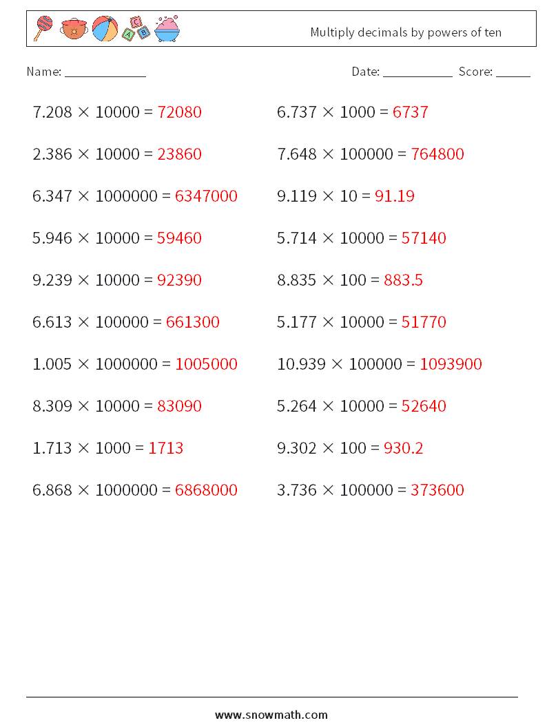 Multiply decimals by powers of ten Math Worksheets 12 Question, Answer