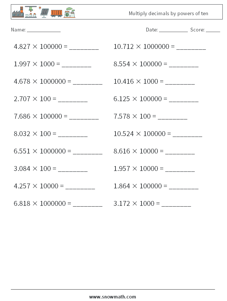 Multiply decimals by powers of ten Math Worksheets 13