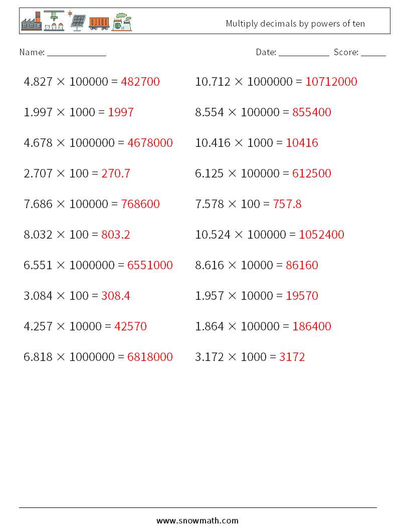 Multiply decimals by powers of ten Math Worksheets 13 Question, Answer