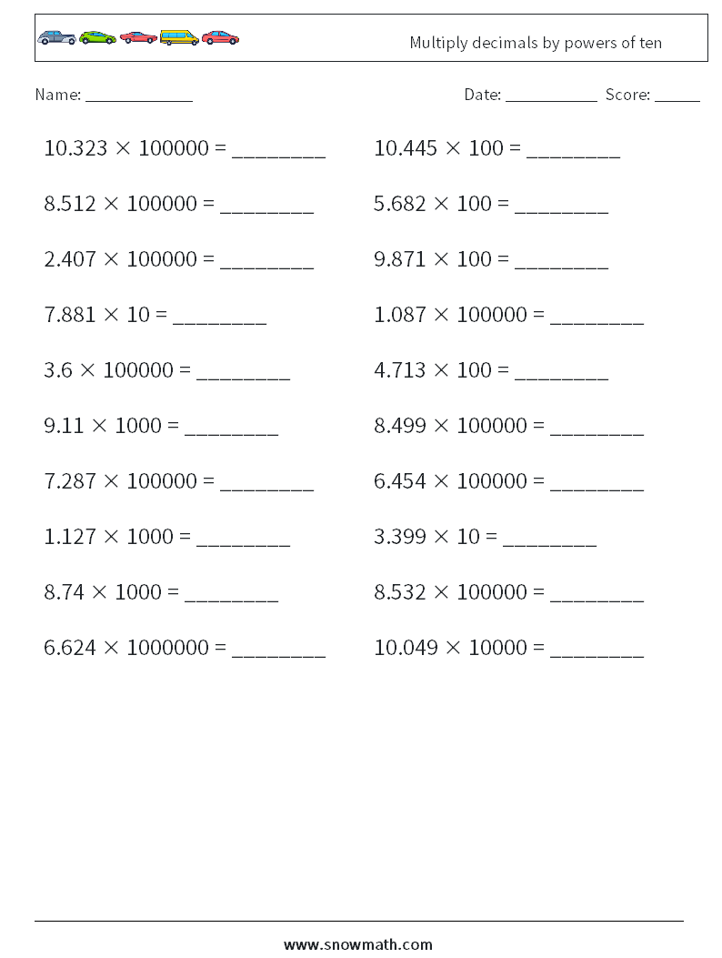 Multiply decimals by powers of ten Math Worksheets 14