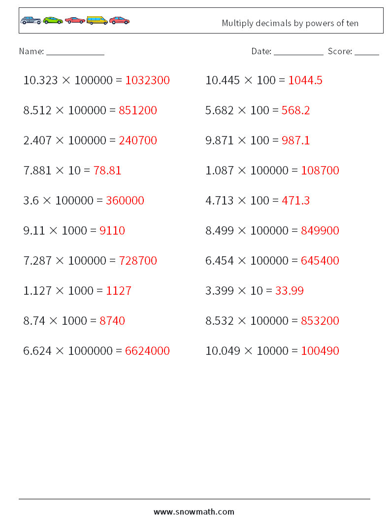 Multiply decimals by powers of ten Math Worksheets 14 Question, Answer