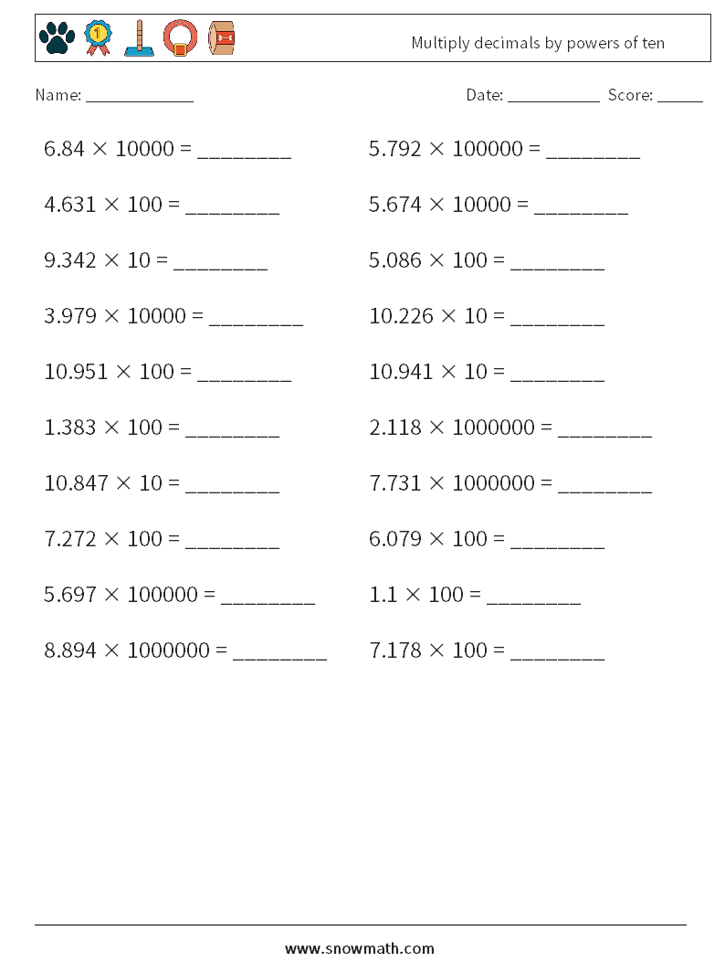 Multiply decimals by powers of ten Math Worksheets 15