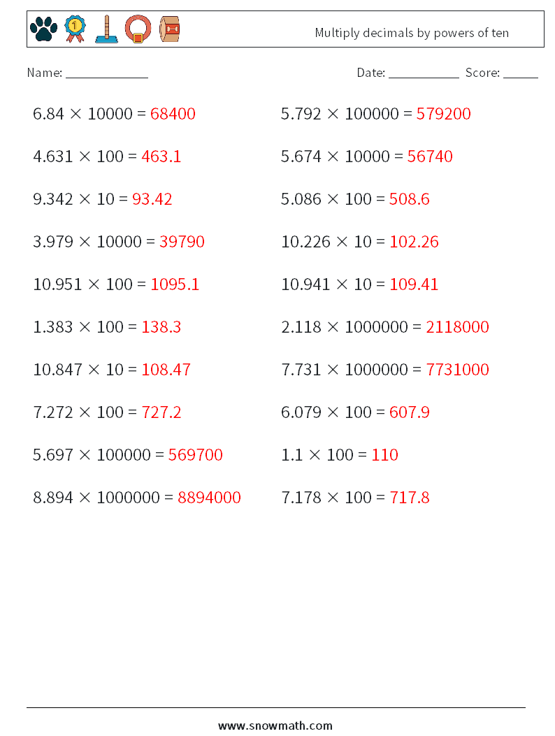 Multiply decimals by powers of ten Math Worksheets 15 Question, Answer