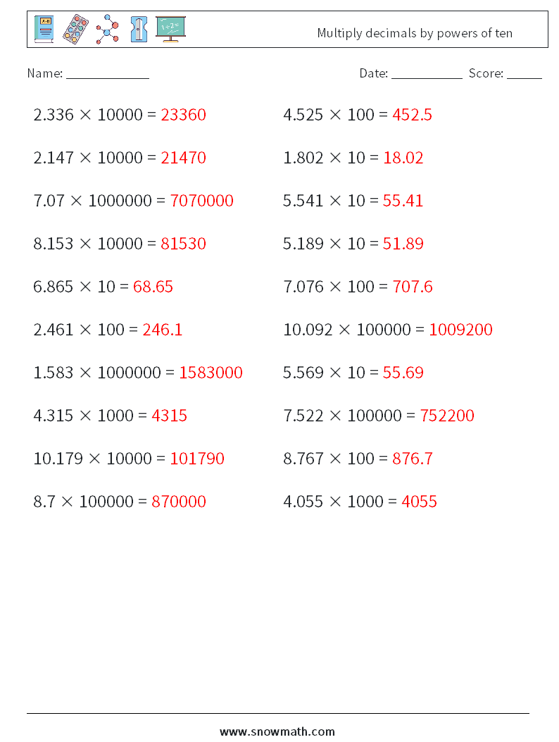 Multiply decimals by powers of ten Math Worksheets 16 Question, Answer