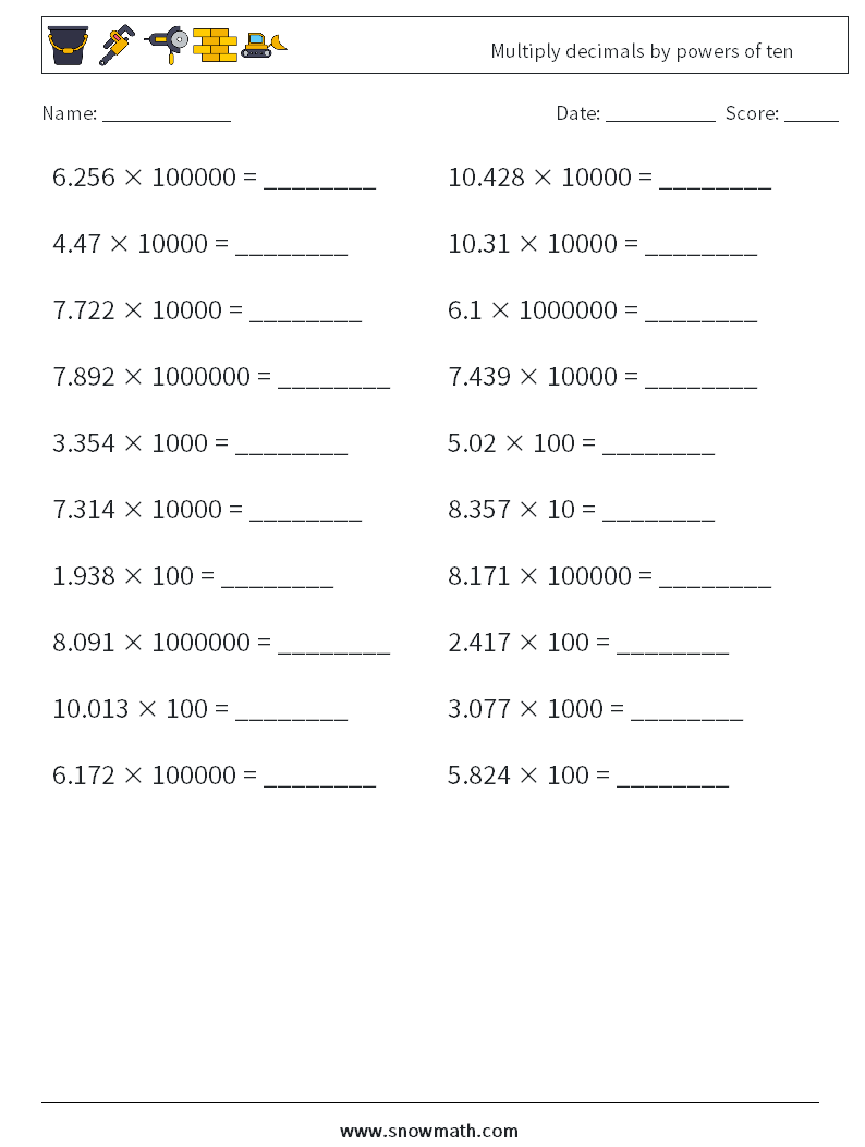 Multiply decimals by powers of ten Math Worksheets 17