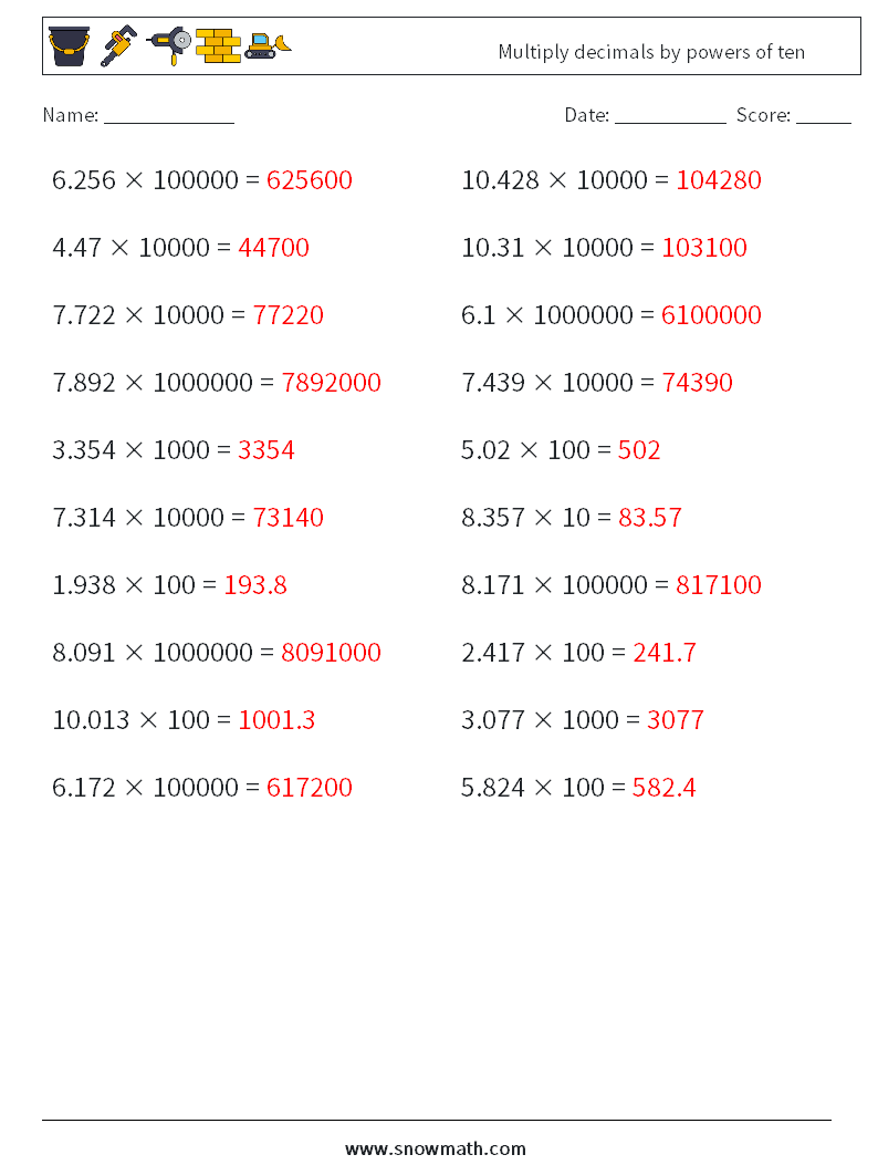 Multiply decimals by powers of ten Math Worksheets 17 Question, Answer