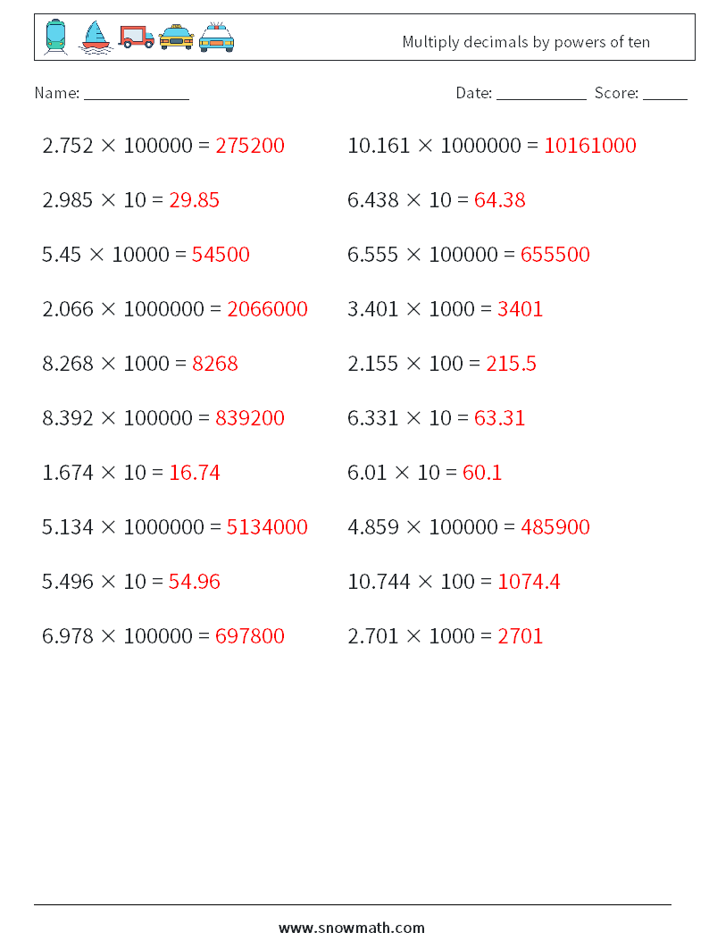 Multiply decimals by powers of ten Math Worksheets 18 Question, Answer