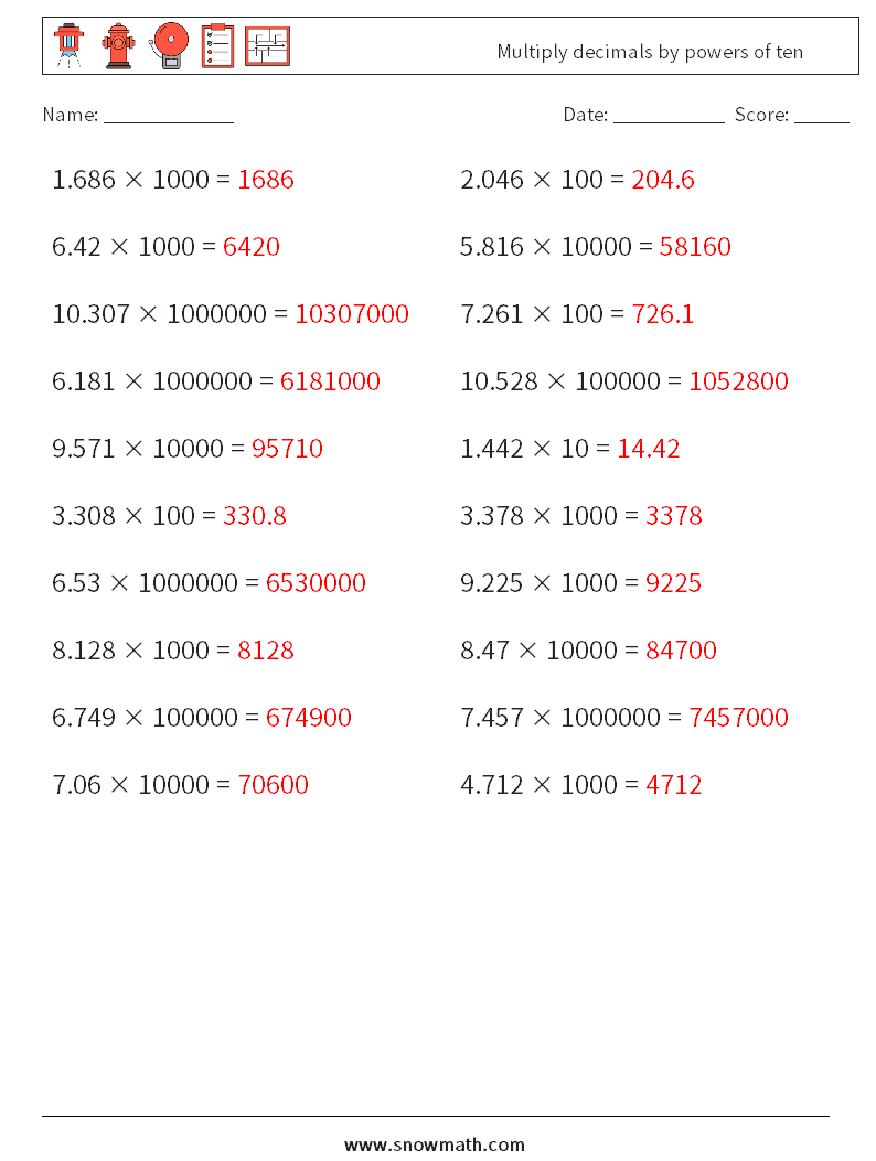 Multiply decimals by powers of ten Math Worksheets 1 Question, Answer