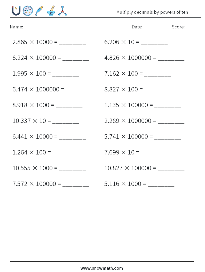Multiply decimals by powers of ten Math Worksheets 2
