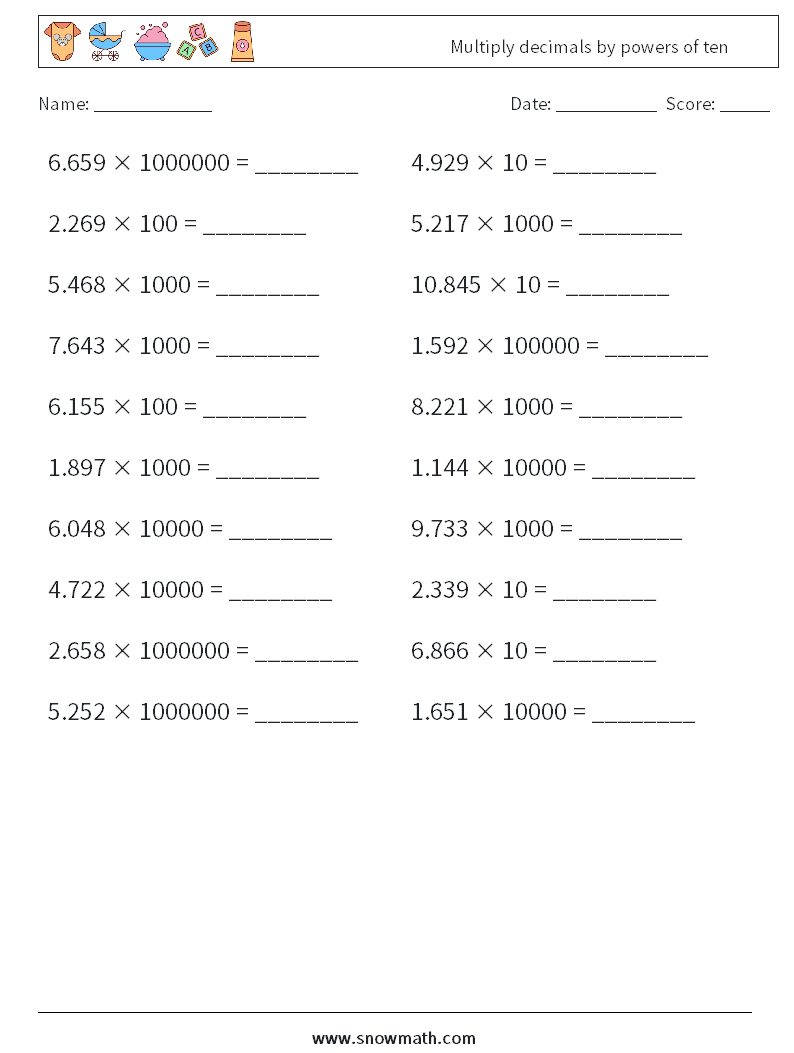 Multiply decimals by powers of ten Math Worksheets 3