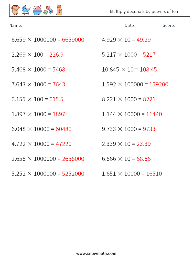 Multiply decimals by powers of ten Math Worksheets 3 Question, Answer