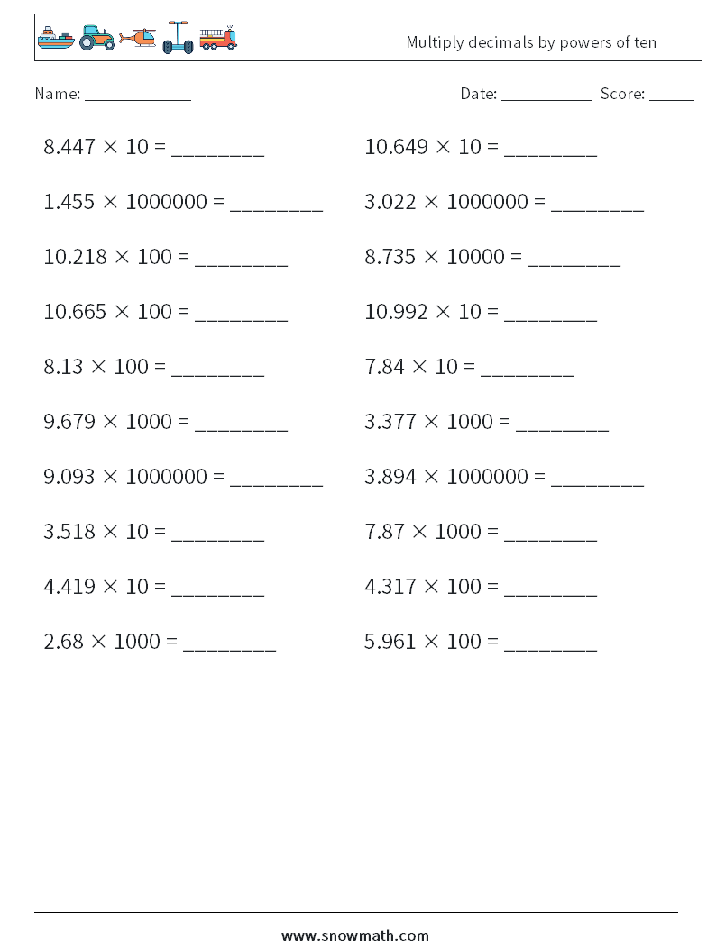 Multiply decimals by powers of ten Math Worksheets 4