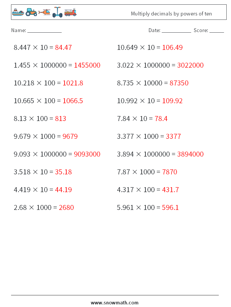 Multiply decimals by powers of ten Math Worksheets 4 Question, Answer