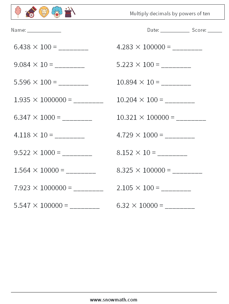 Multiply decimals by powers of ten Math Worksheets 5