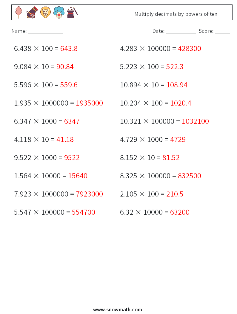 Multiply decimals by powers of ten Math Worksheets 5 Question, Answer