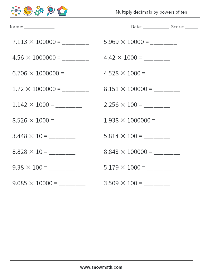 Multiply decimals by powers of ten Math Worksheets 6