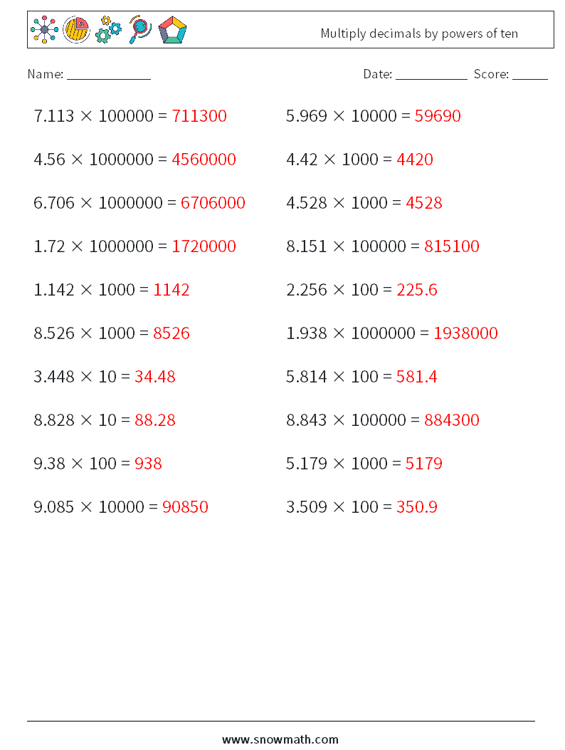 Multiply decimals by powers of ten Math Worksheets 6 Question, Answer