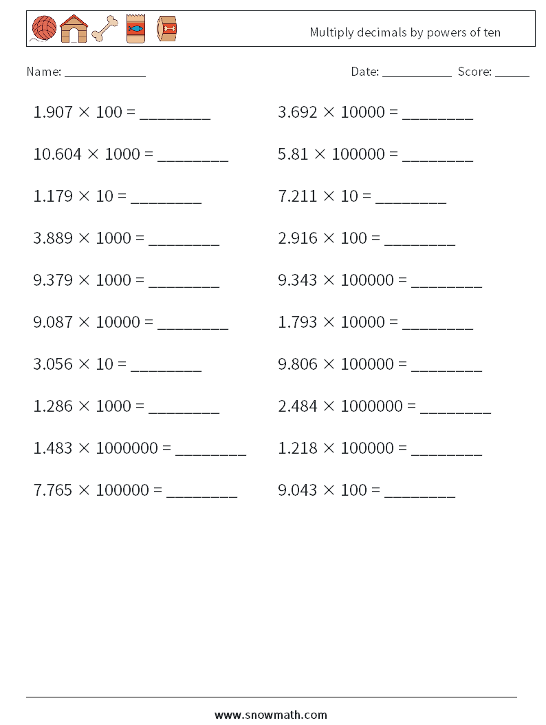 Multiply decimals by powers of ten Math Worksheets 7