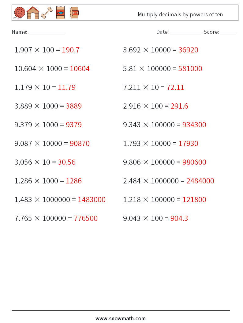 Multiply decimals by powers of ten Math Worksheets 7 Question, Answer