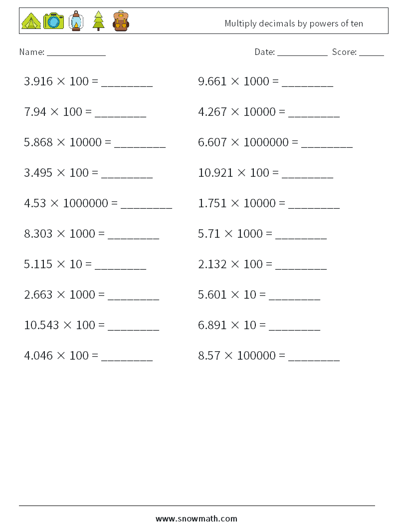 Multiply decimals by powers of ten Math Worksheets 8