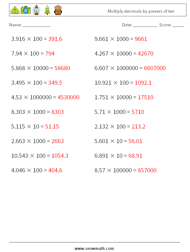 Multiply decimals by powers of ten Math Worksheets 8 Question, Answer