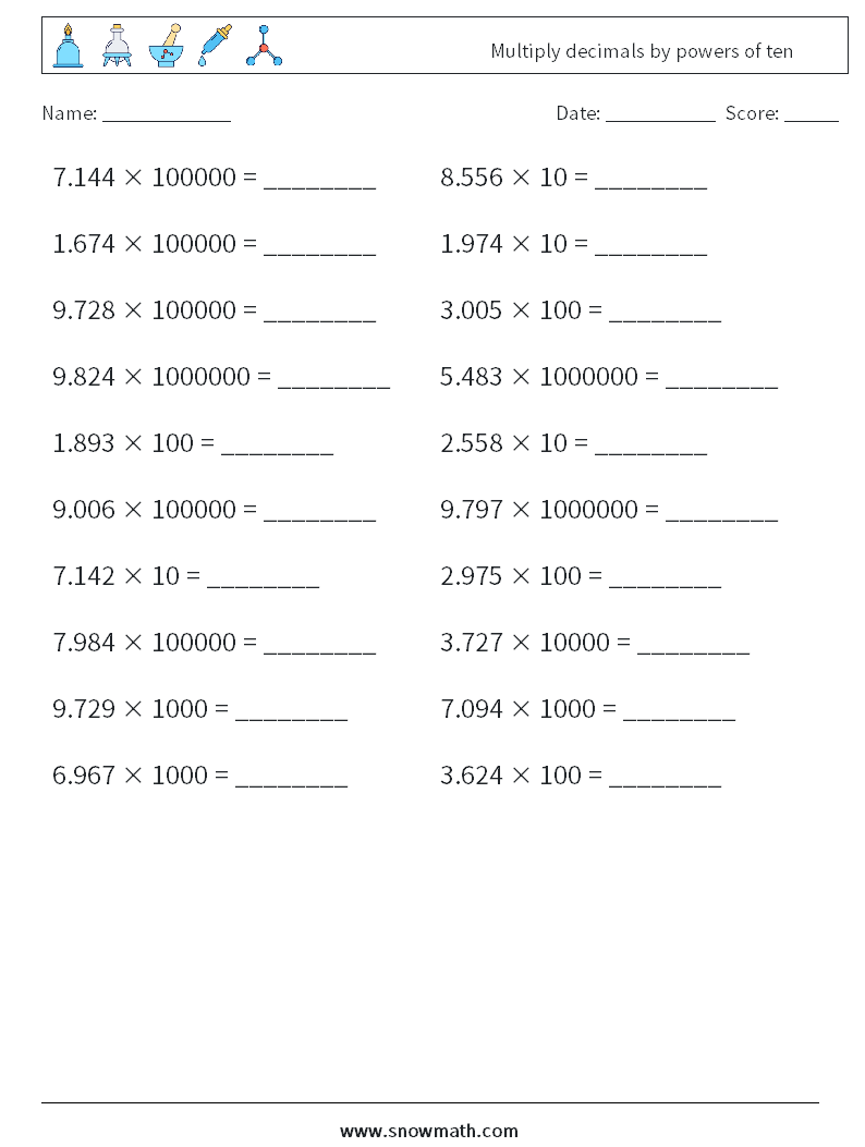 Multiply decimals by powers of ten Math Worksheets 9