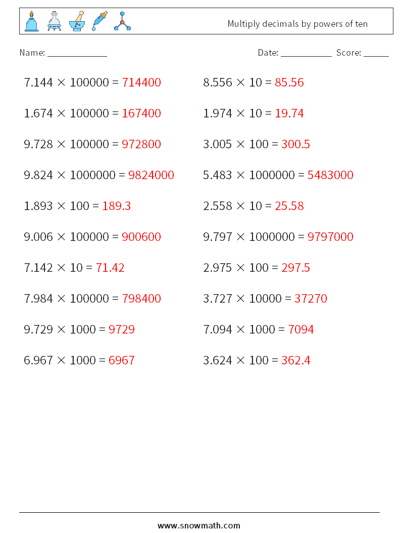 Multiply decimals by powers of ten Math Worksheets 9 Question, Answer