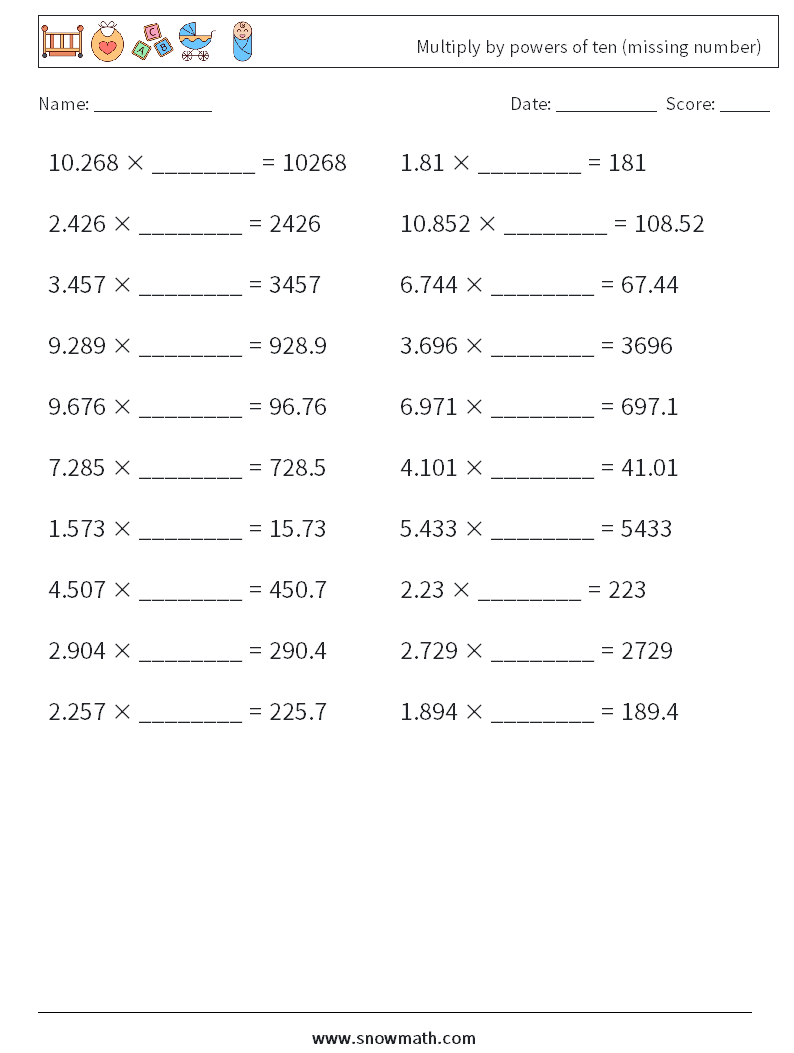 Multiply by powers of ten (missing number) Math Worksheets 1