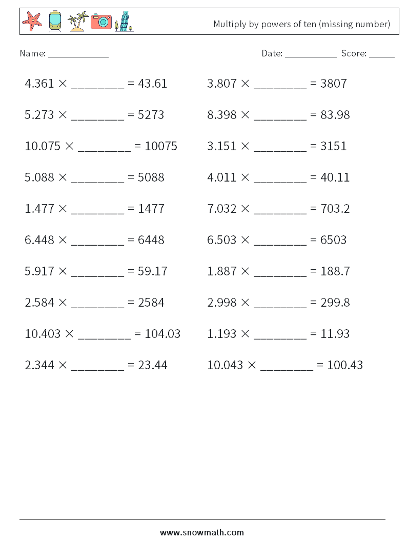 Multiply by powers of ten (missing number) Math Worksheets 10