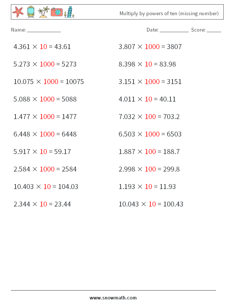 Multiply by powers of ten (missing number) Math Worksheets 10 Question, Answer