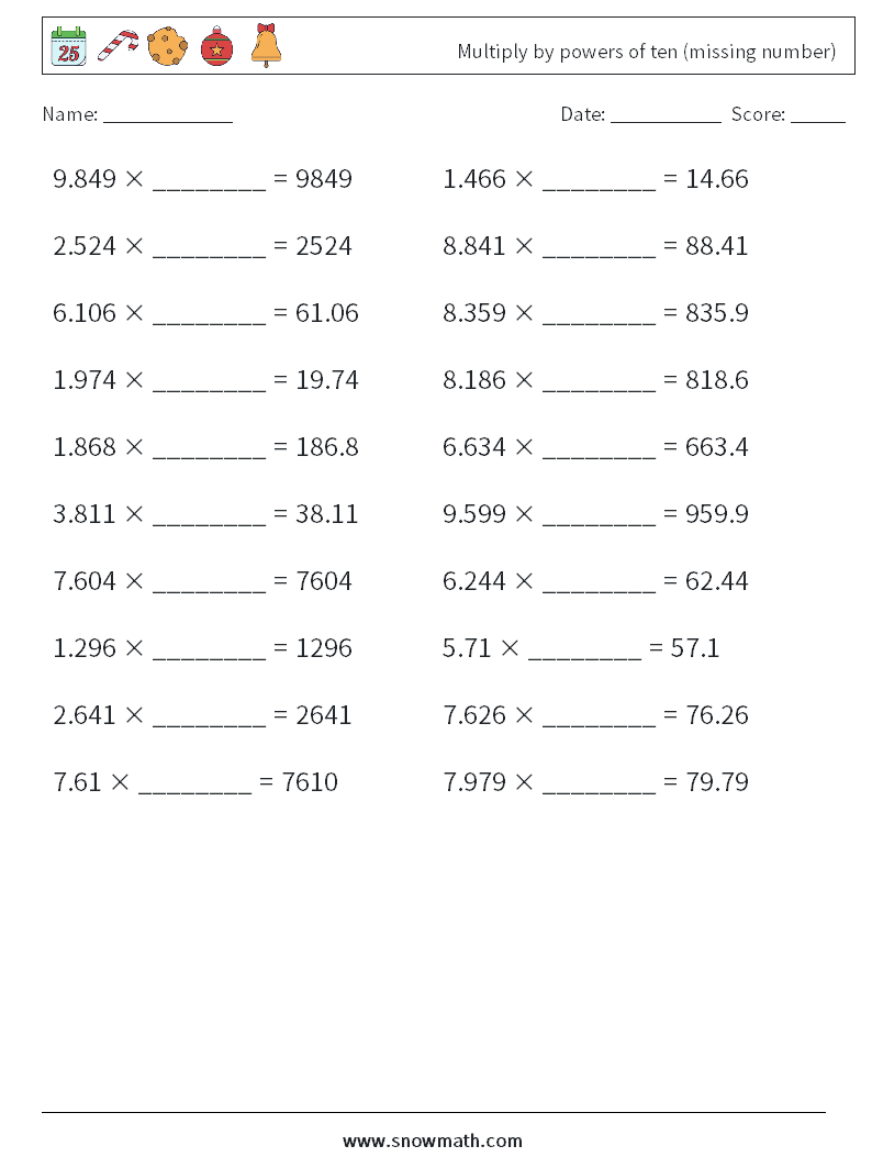 Multiply by powers of ten (missing number) Math Worksheets 11