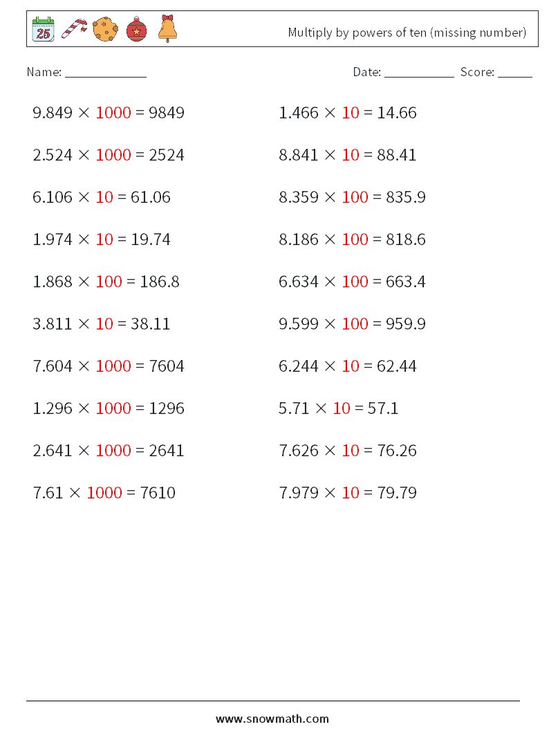 Multiply by powers of ten (missing number) Math Worksheets 11 Question, Answer