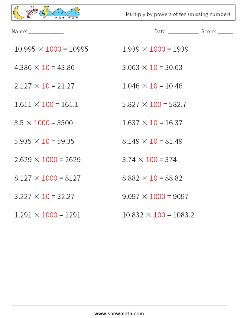 Multiply by powers of ten (missing number) Math Worksheets 12 Question, Answer