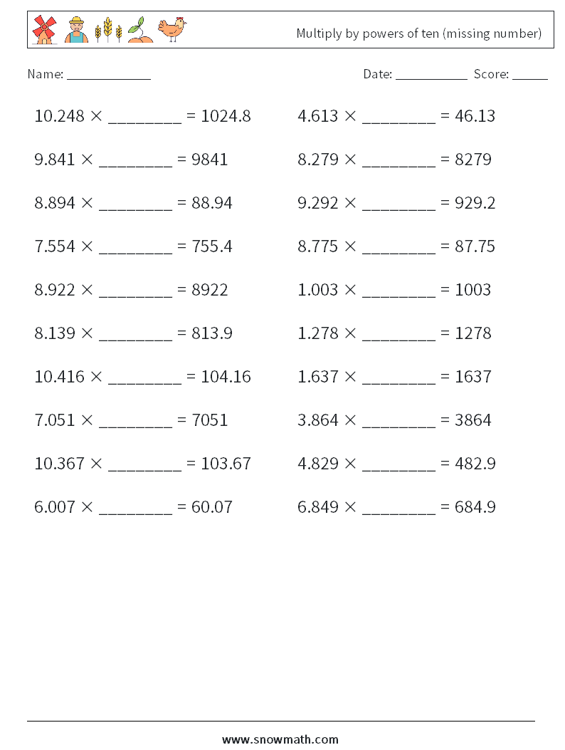 Multiply by powers of ten (missing number) Math Worksheets 13