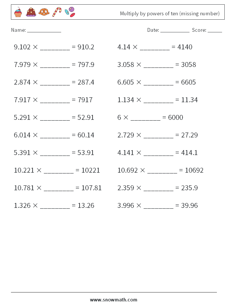 Multiply by powers of ten (missing number) Math Worksheets 14