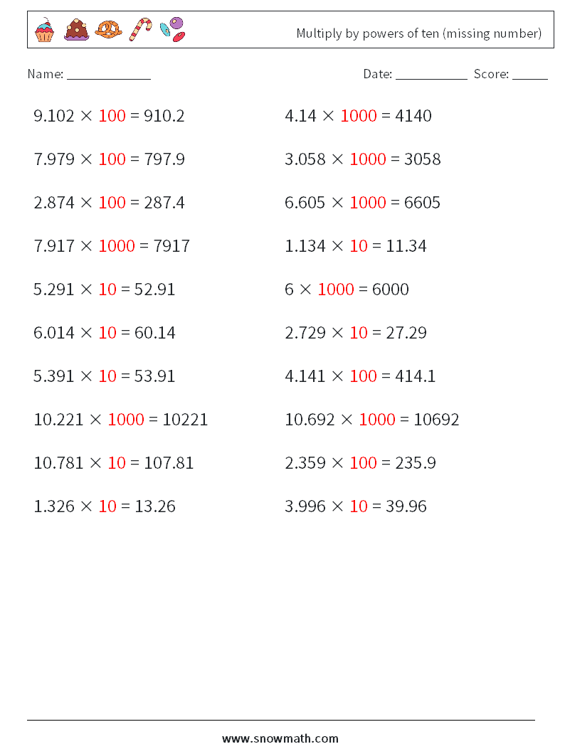 Multiply by powers of ten (missing number) Math Worksheets 14 Question, Answer