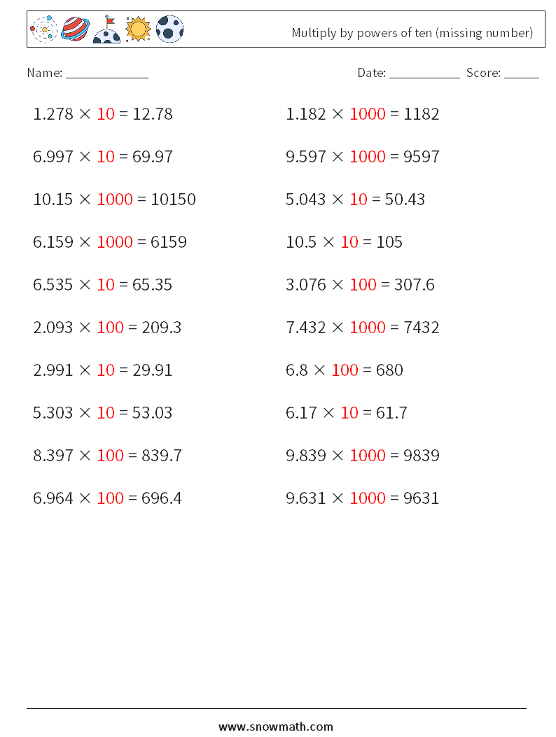 Multiply by powers of ten (missing number) Math Worksheets 15 Question, Answer