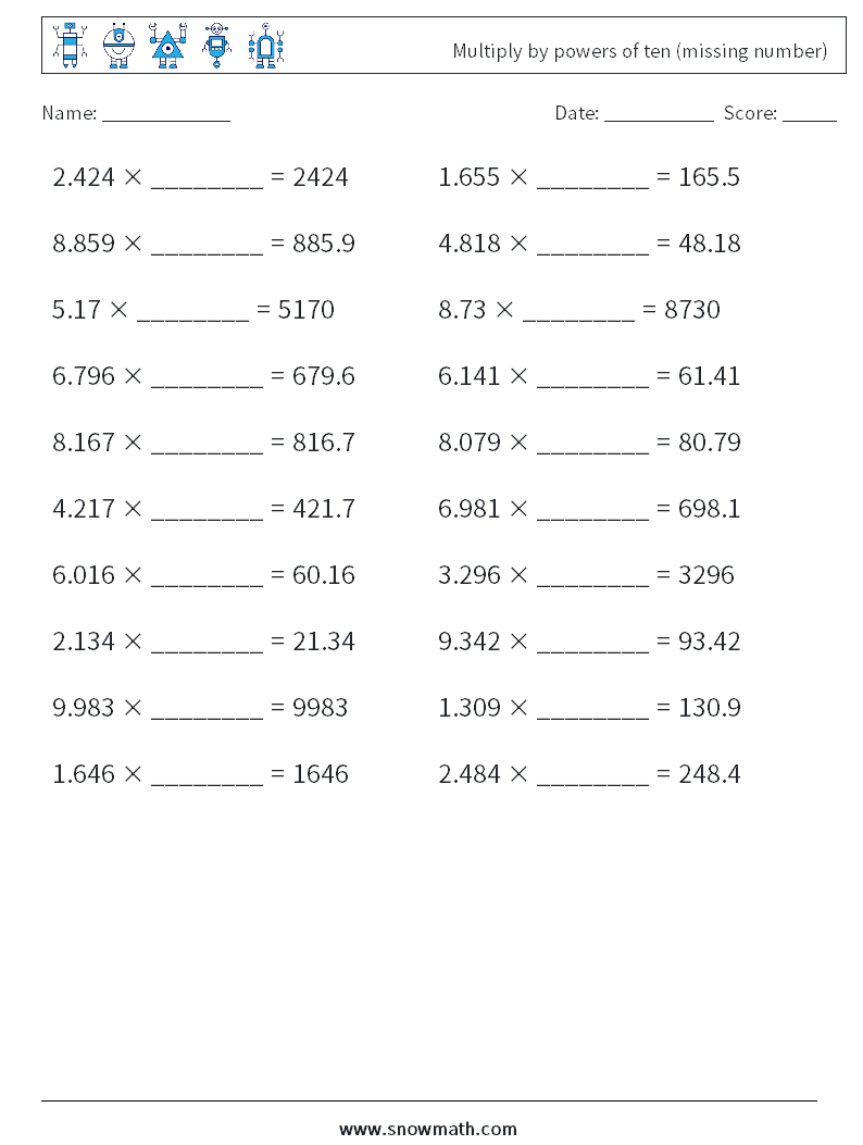 Multiply by powers of ten (missing number) Math Worksheets 16