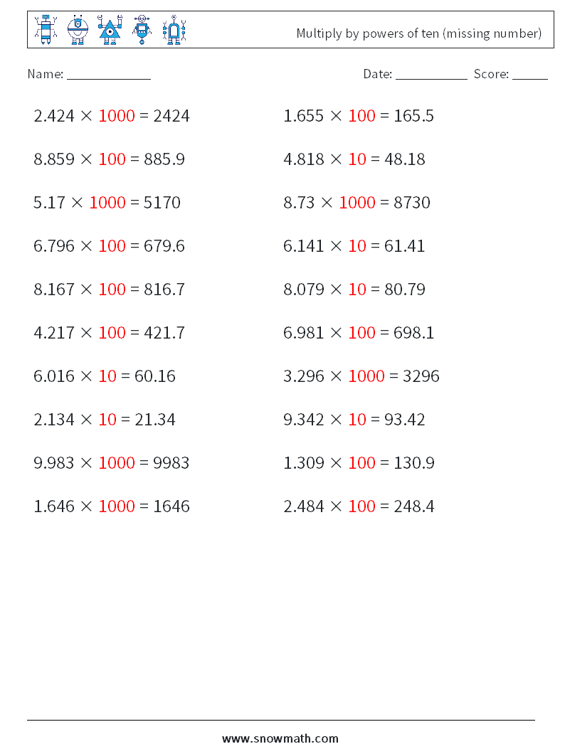 Multiply by powers of ten (missing number) Math Worksheets 16 Question, Answer