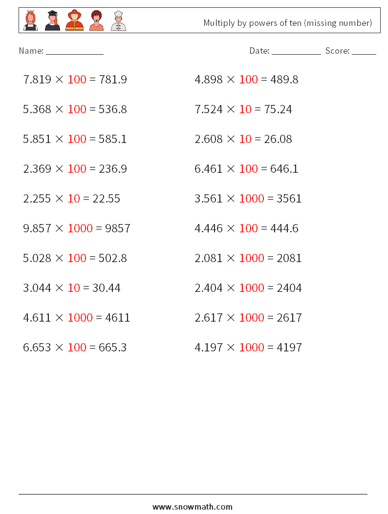 Multiply by powers of ten (missing number) Math Worksheets 17 Question, Answer