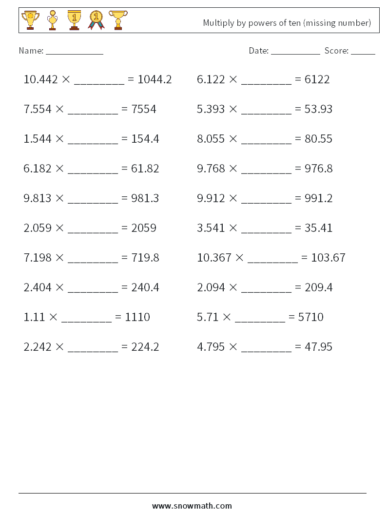 Multiply by powers of ten (missing number) Math Worksheets 18