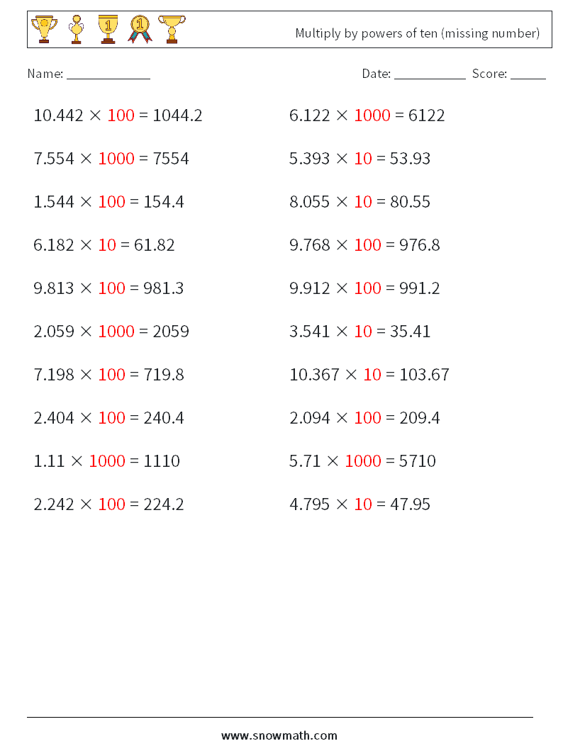 Multiply by powers of ten (missing number) Math Worksheets 18 Question, Answer