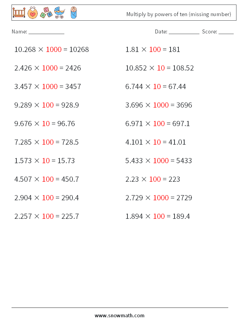 Multiply by powers of ten (missing number) Math Worksheets 1 Question, Answer